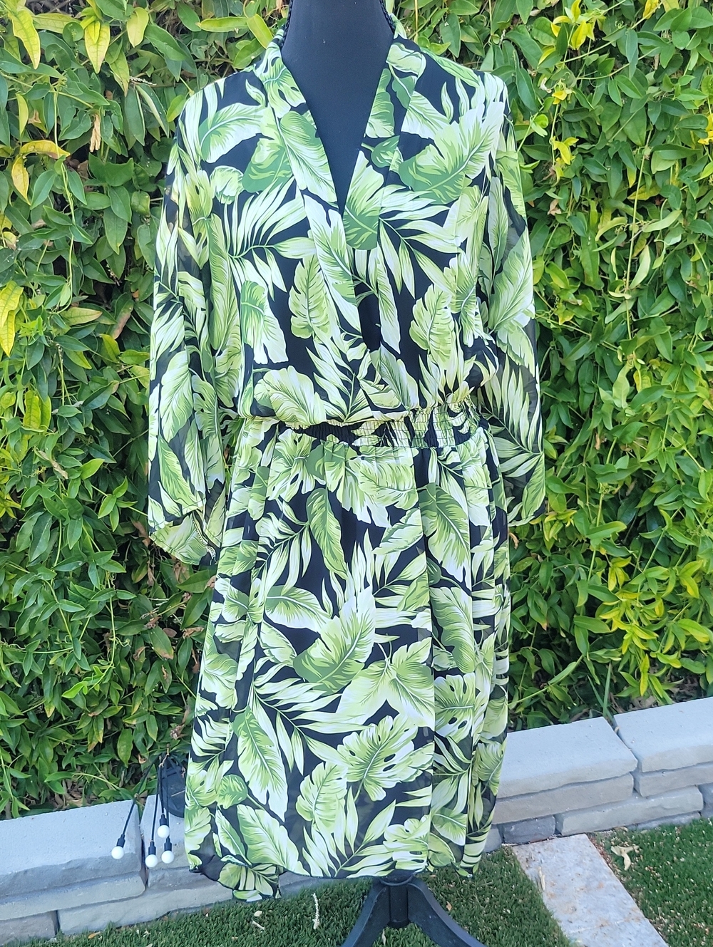 Green Leaf Print Wrap Top Dress With Pockets 14W